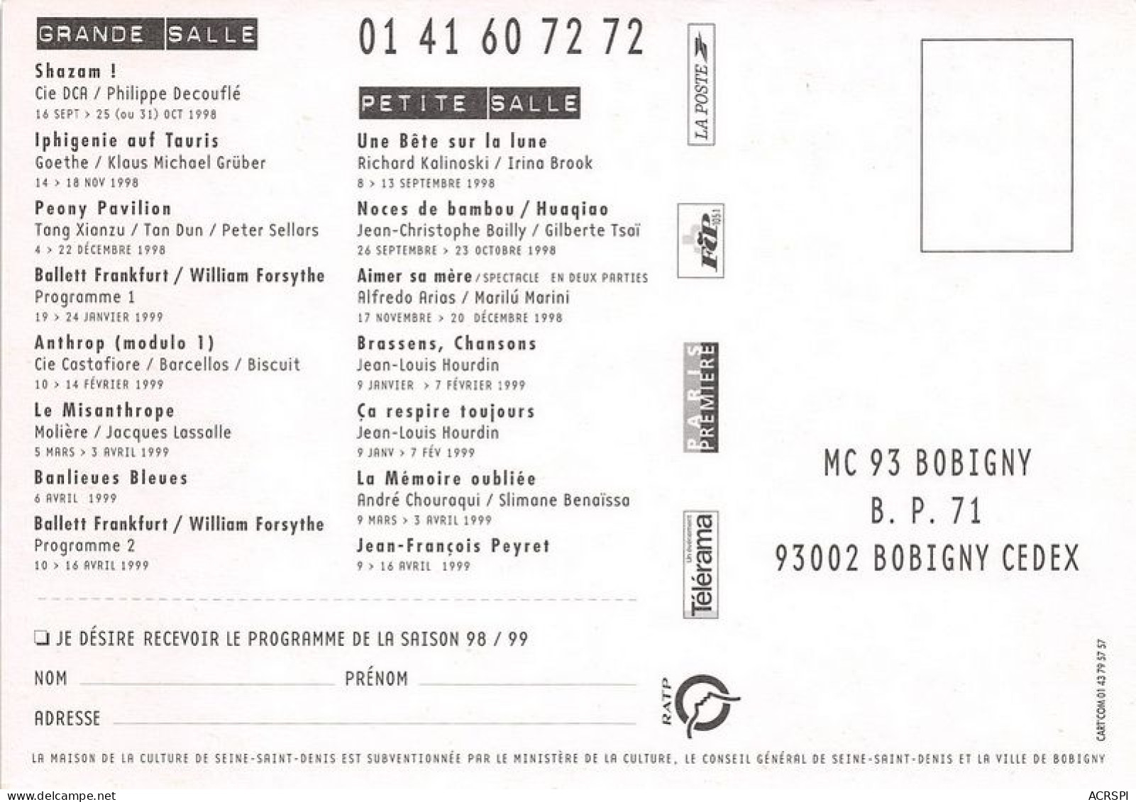 MC 93 BOBIGNY Saison 98 99 3(scan Recto-verso) MA1206 - Bobigny