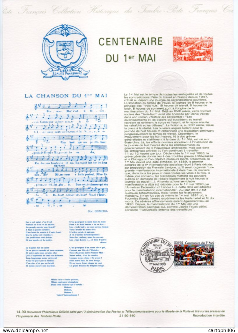 - Document Premier Jour CENTENAIRE DU 1er MAI PARIS 1990 - - Documents De La Poste