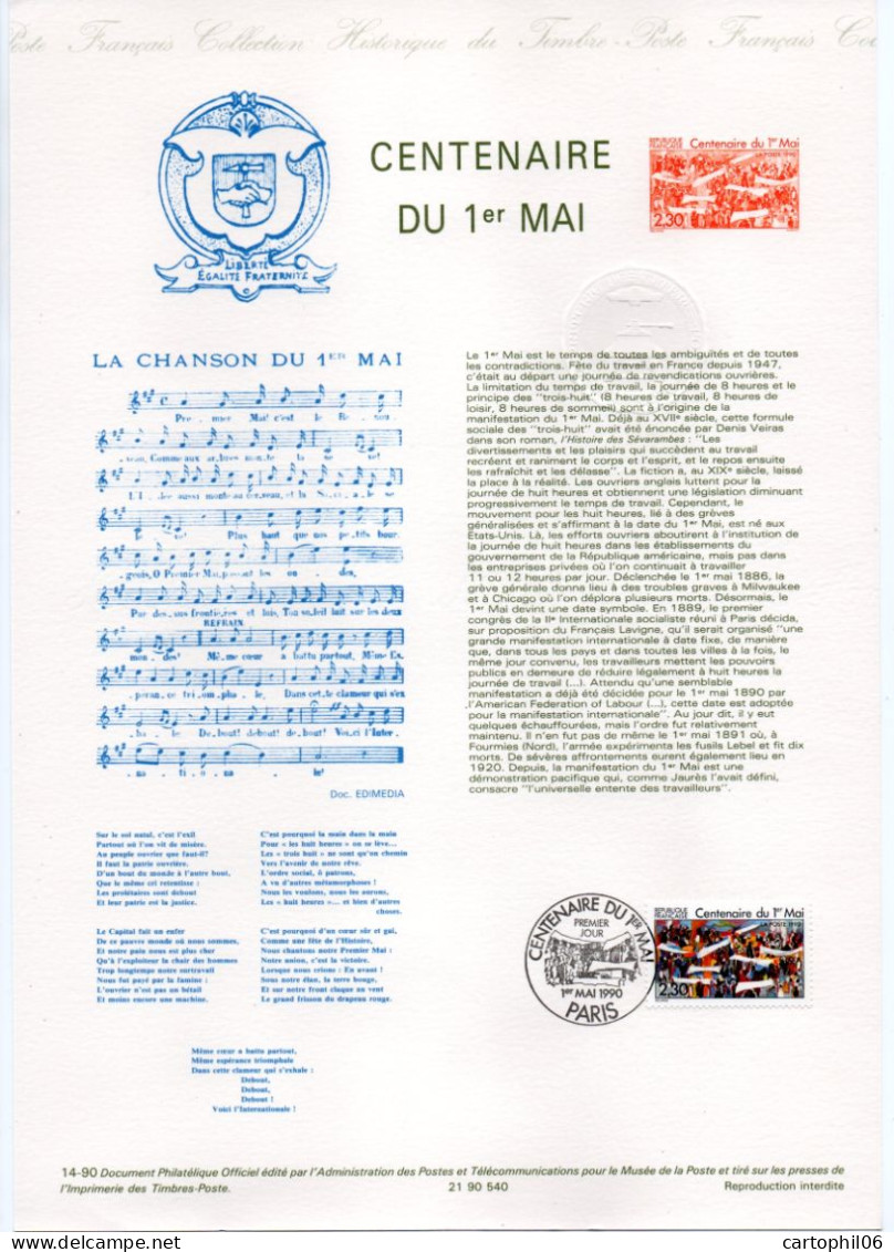 - Document Premier Jour CENTENAIRE DU 1er MAI PARIS 1990 - - Postdokumente