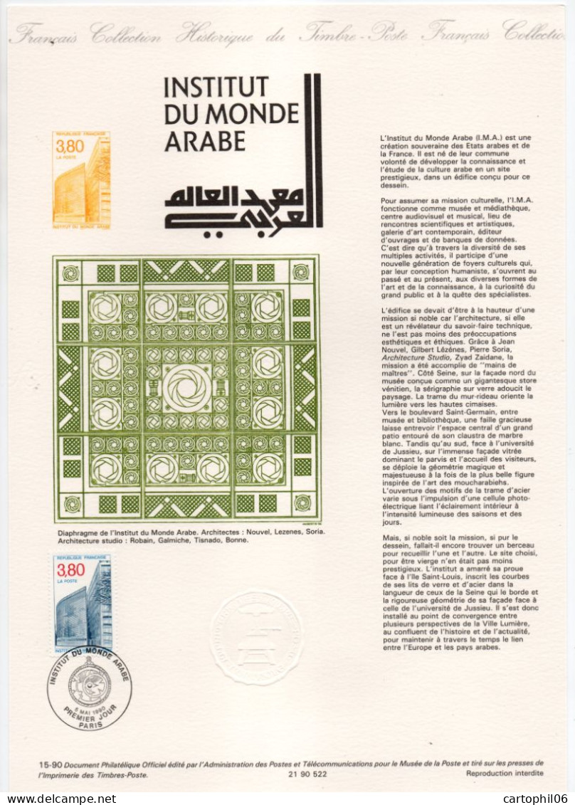 - Document Premier Jour L'INSTITUT DU MONDE ARABE - PARIS 5.5.1990 - - Documents De La Poste