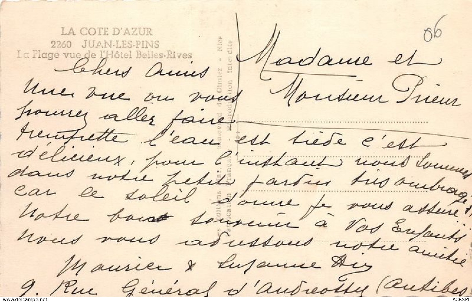 JUAN LES PINS La Plage Vue De L Hotel Belles Rives 16(scan Recto-verso) MA1299 - Juan-les-Pins