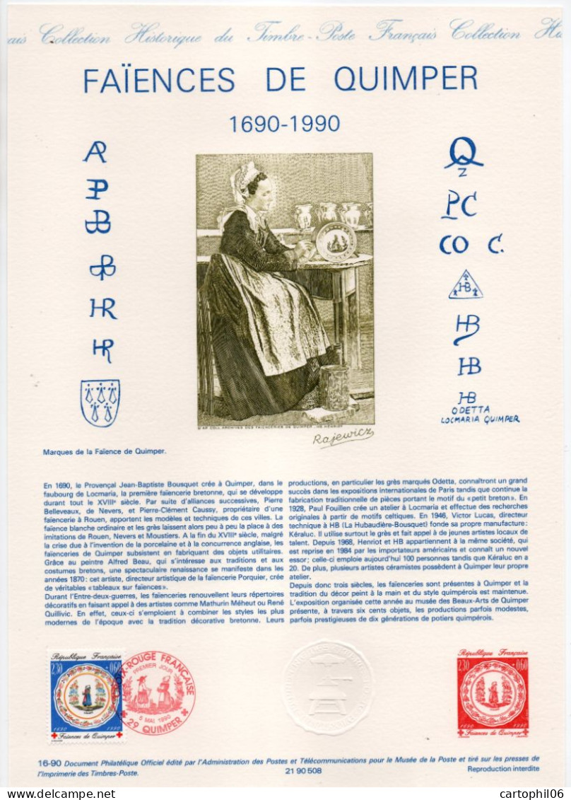 - Document Premier Jour LES FAÏENCES DE QUIMPER  1690-1990 - Timbre CROIX-ROUGE - - Porcelain