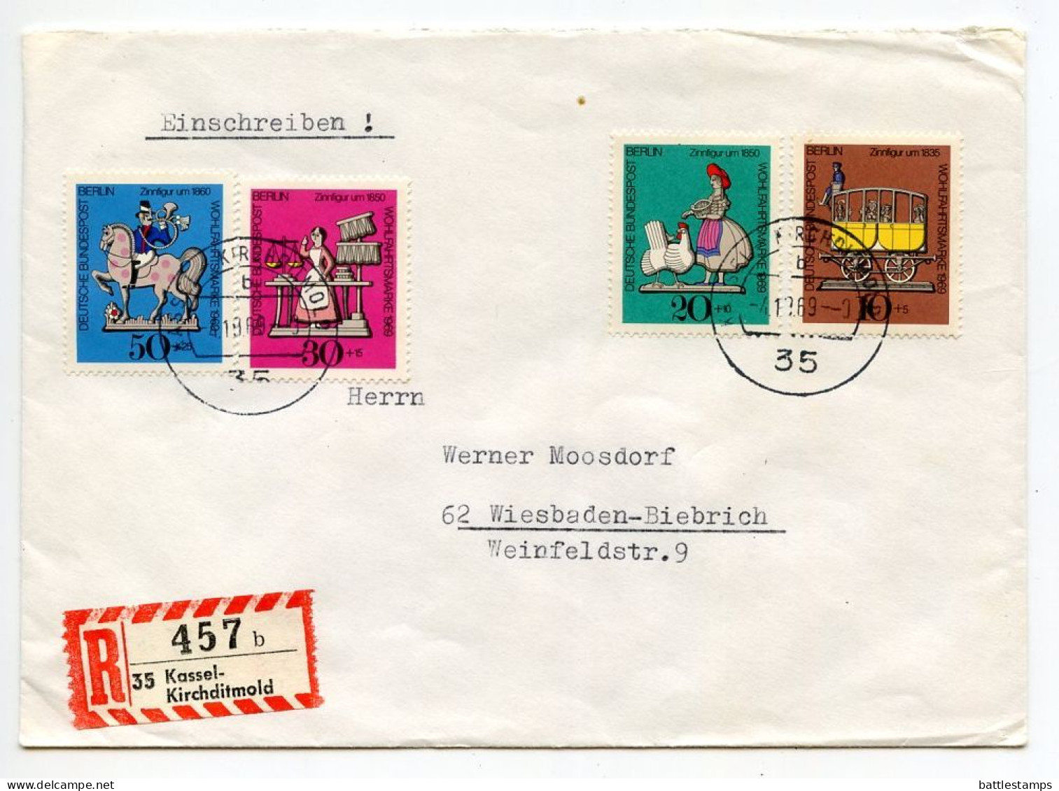 Germany, West 1969 Registered Cover Kassel-Kirchditmold To Wiesbaden-Biebrich; Berlin - Tin Toys Semi-Postal Stamps - Covers & Documents