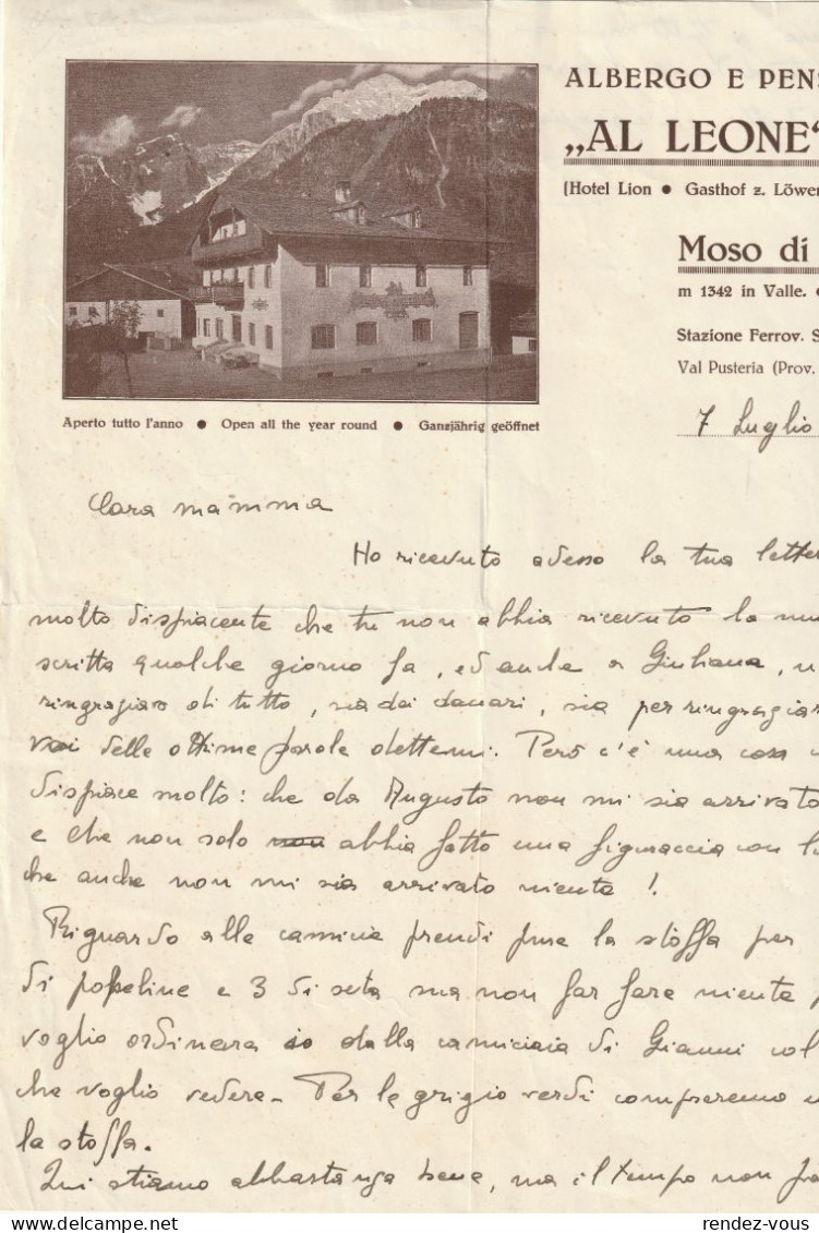 Fattura , Lettera  -  Anno  1939 -  Moso Di Sesto ( Dolomiti ) -  Albergo E Pensione " Al Leone - Italy
