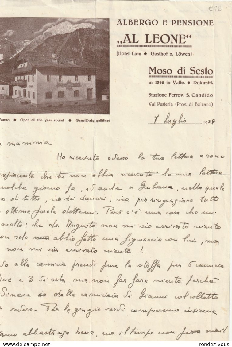 Fattura , Lettera  -  Anno  1939 -  Moso Di Sesto ( Dolomiti ) -  Albergo E Pensione " Al Leone - Italia