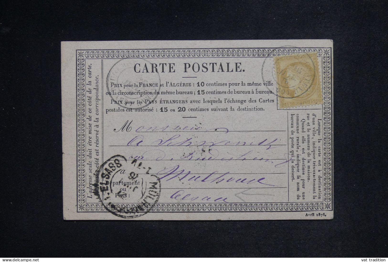 FRANCE - Carte Précurseur Pour Mulhouse (Alsace Lorraine ) En 1876 - L 151872 - Cartes Précurseurs