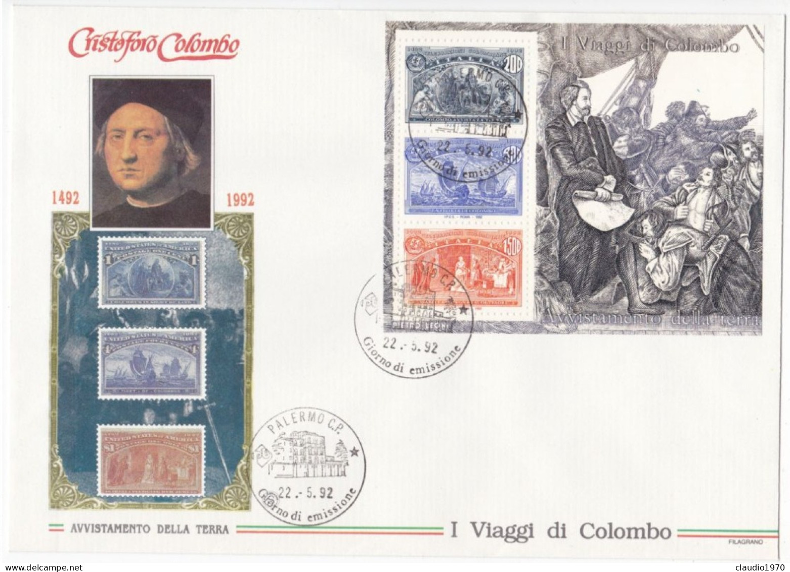 ITALIA  - REPUBBLICA - FDC - CRISTOFORO COLOMBO - I VIAGGI DI COLOMBO   - ANNULLO DI PALERMO - 1992 - FDC