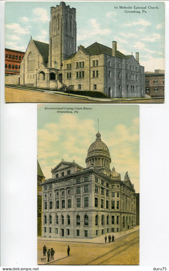 LOT 2 Post Card - GREENSBURG Ist Methodist Episcopal Church & Westmoreland County House - Autres & Non Classés