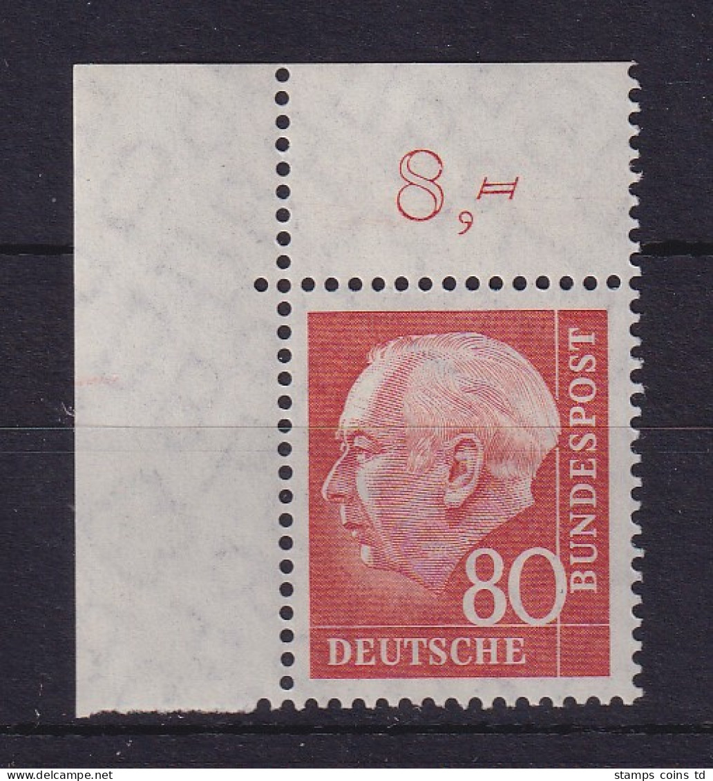 Bundesrepublik 1958 Theodor Heuss 80 Pf Mi.-Nr. 264 W Eckrandstück OL **  - Nuovi