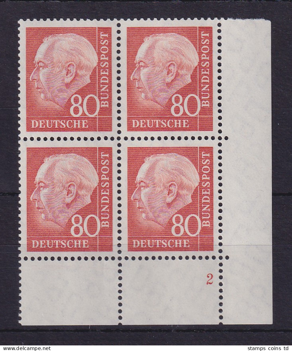 Bund 1958 Heuss 80 Pf Mi.-Nr. 264 X W Eckrandviererblock Mit Formnummer 2 **  - Unused Stamps
