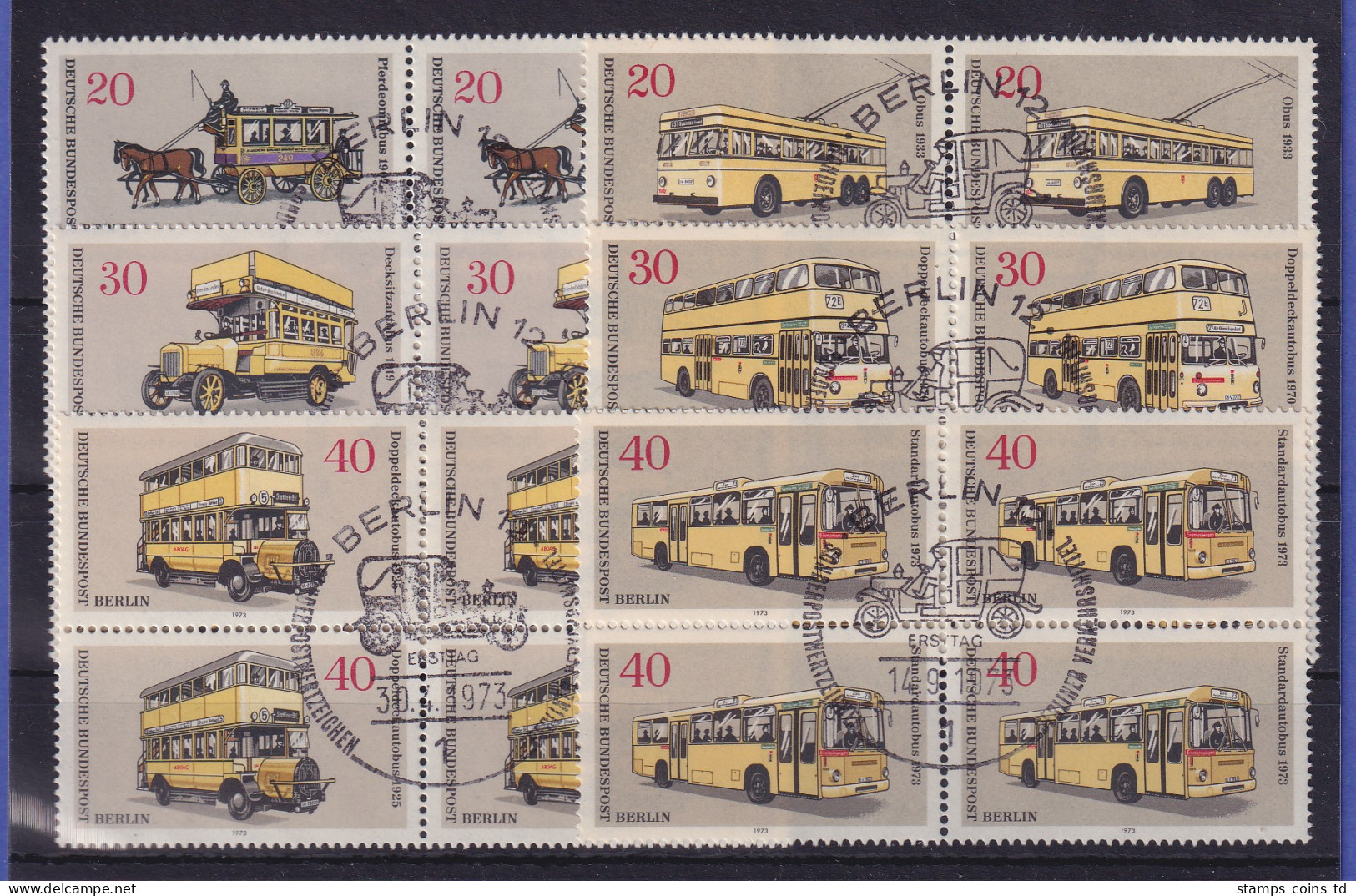 Berlin 1973 Omnibusse Mi-Nr. 446-451 Je Viererblocks Mit Ersttags-So.-O - Used Stamps
