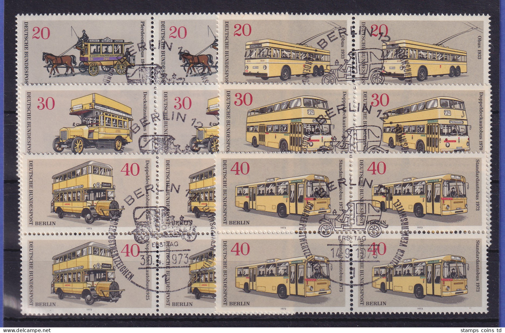 Berlin 1973 Omnibusse Mi-Nr. 446-451 Je Viererblocks Mit Ersttags-So.-O - Gebruikt