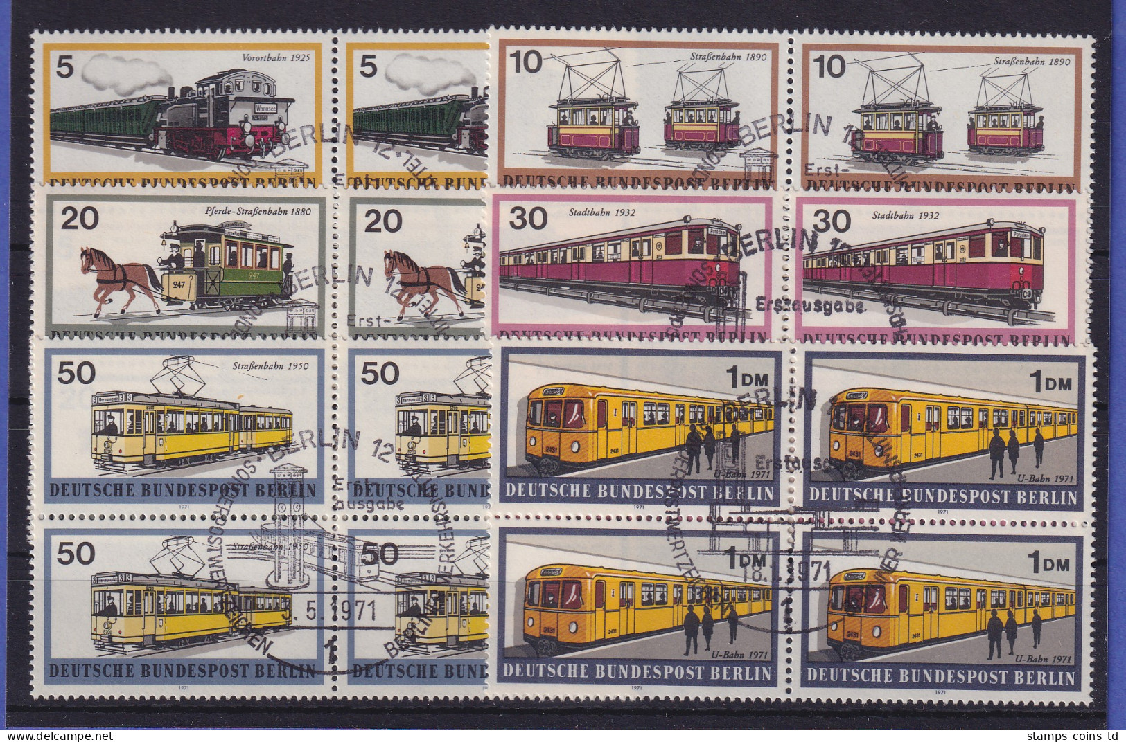 Berlin 1971 Schienenfahrzeuge Mi-Nr. 379-384 Je Viererblocks Mit Ersttags-So.-O - Used Stamps