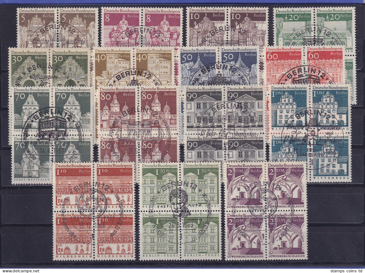 Berlin 1966/69 Bauwerke Mi.-Nr. 270-285 Je Viererblocks Mit Ersttags-So.-O - Used Stamps