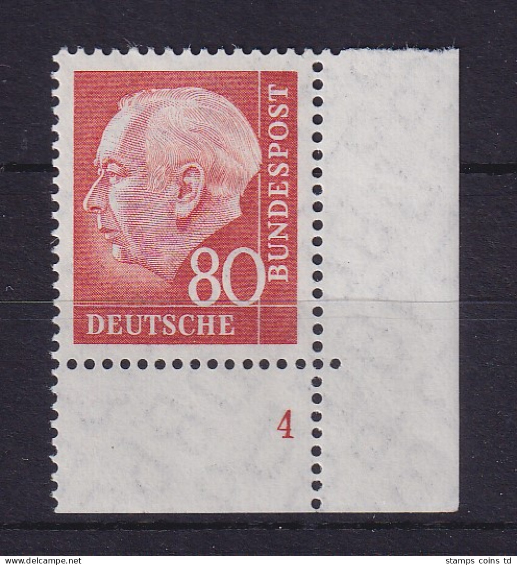 Bund 1958 Heuss 80 Pf Mi.-Nr. 264 X V Eckrandstück UR Mit Formnummer 4 **  - Nuovi