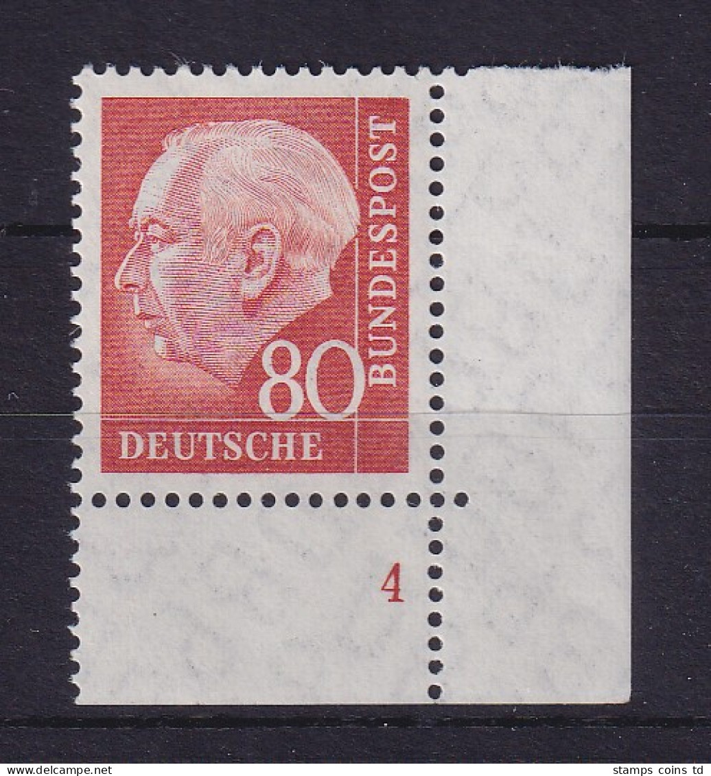 Bund 1958 Heuss 80 Pf Mi.-Nr. 264 X V Eckrandstück UR Mit Formnummer 4 **  - Unused Stamps