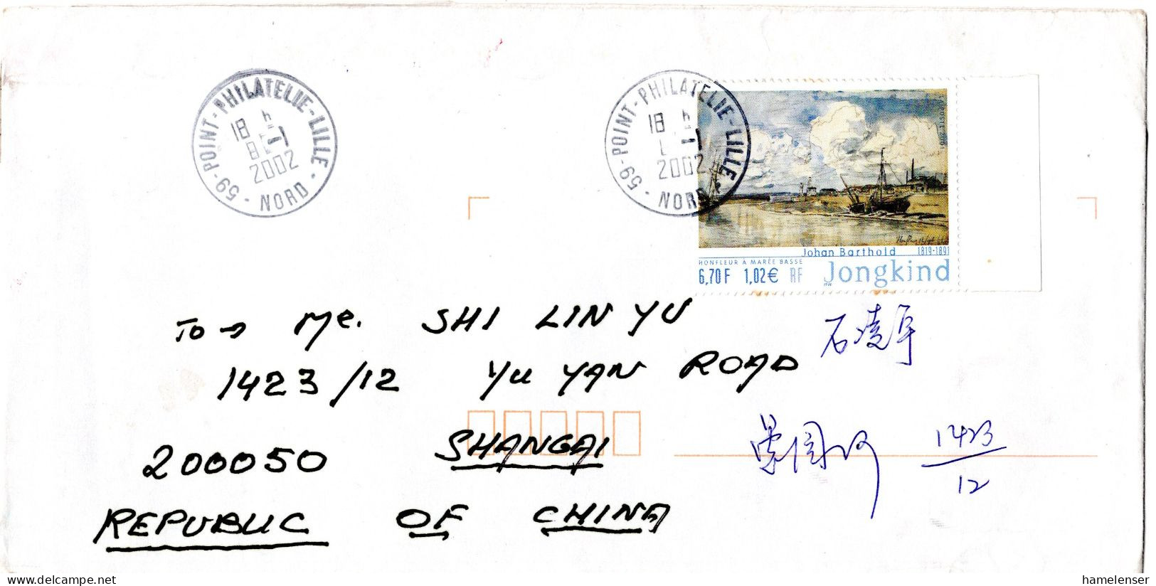 L77284 - Frankreich - 2002 - €1,02/6,70F Jongkind EF A Bf LILLE -> SHANGHAI (China) - Storia Postale