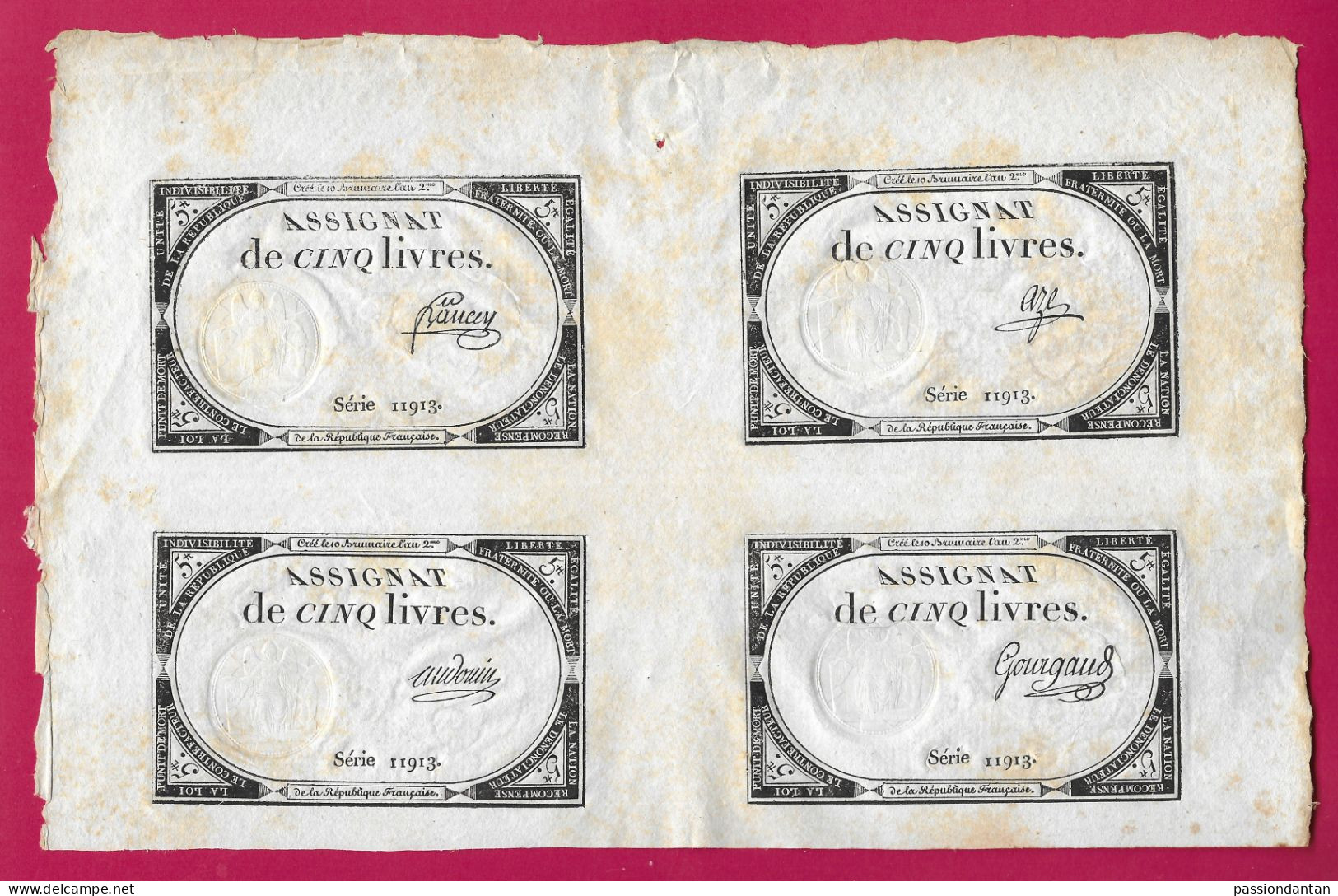 Planche De Quatre Assignats De Cinq Livres De La Série 11913 - Signés Audouin, Aze, Bancey Et Gourgaud - Assignate