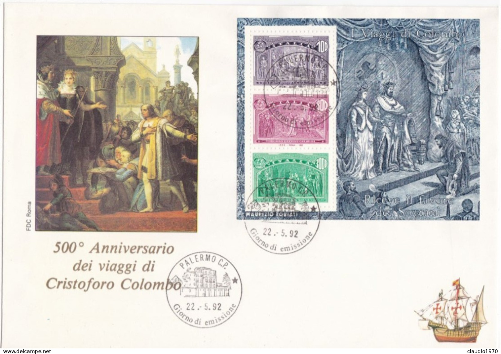 ITALIA  - REPUBBLICA - FDC - CRISTOFORO COLOMBO - I VIAGGI DI COLOMBO   - ANNULLO DI PALERMO - 1992 - FDC