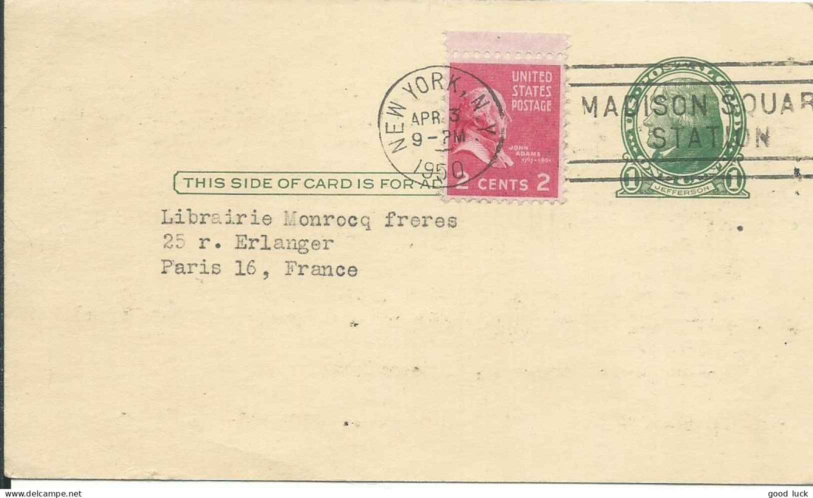 AMERIQUE CARTE 3c NEW-YORK  POUR PARIS ( FRANCE ) DE 1950  LETTRE COVER - Autres - Amérique