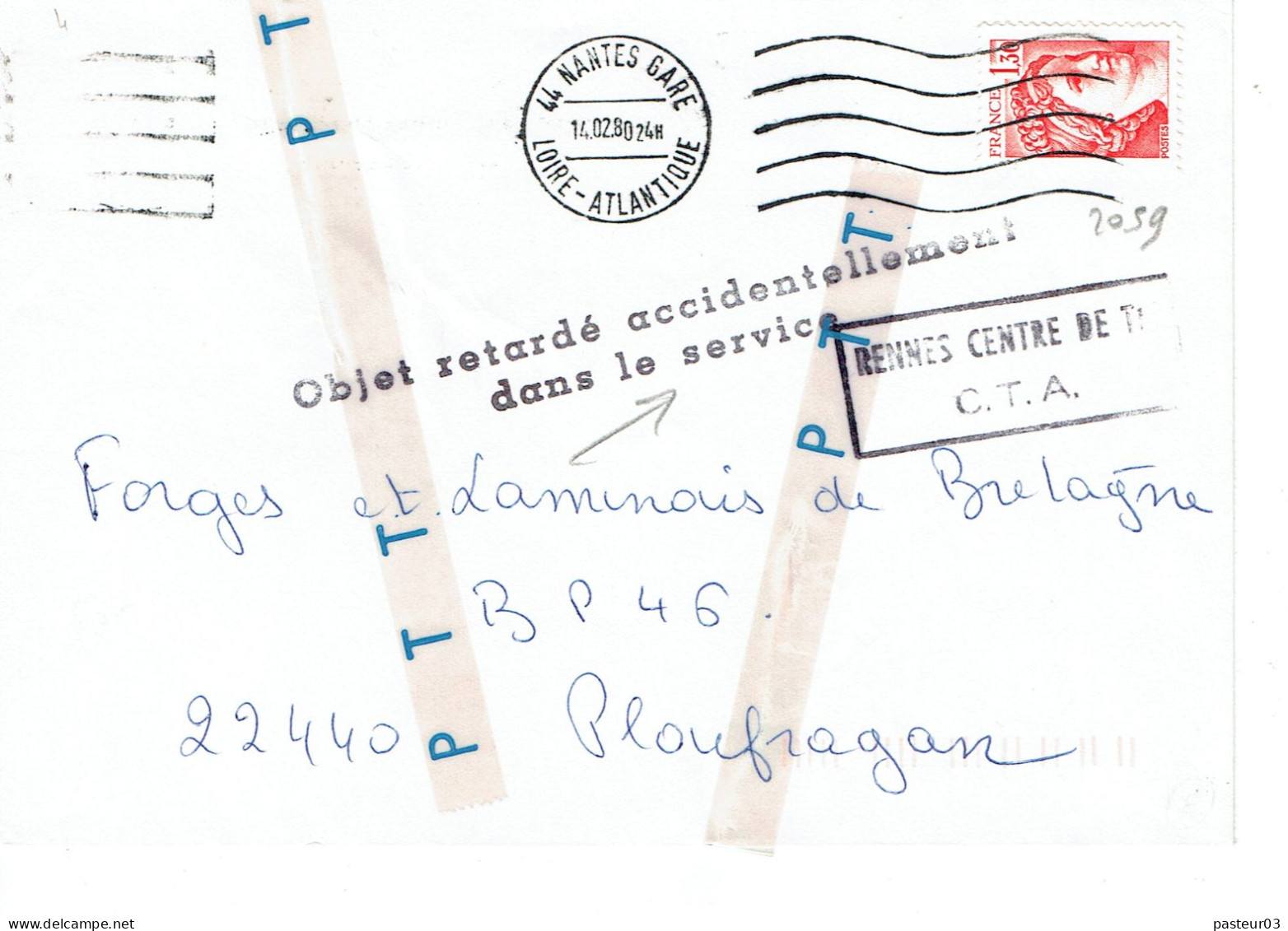 2059 Sabine De Gandon 1,30 F. Rouge Lettre Du 14-02-1980 Cachet Objet Retardé Accidentellement Dans Le Service - Lettres Accidentées