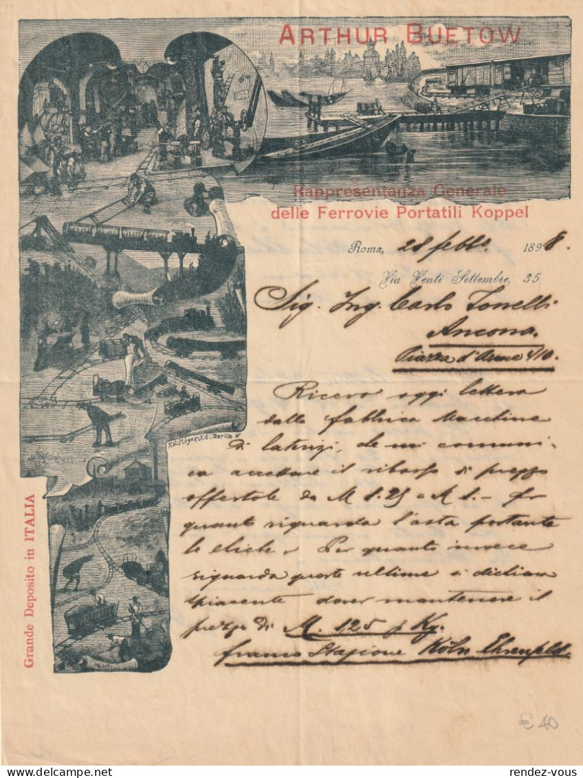 Fattura Comm. Su Doppio Foglio  - Anno 1898 - Roma ," Arthur Buetow , Rappr. Gen. Delle Ferrovie Portatili  Koppel " - Italië