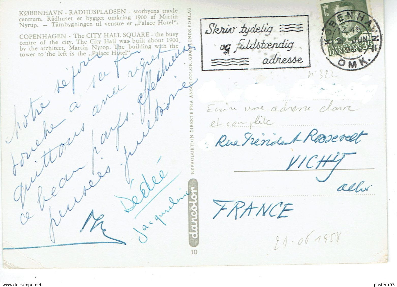 322 Roi Frédérik IX 35 K Danemark  Vert Sur Carte Postale Pour La France Du 21 Juin 1958 Texte Sur Le Courrier - Storia Postale