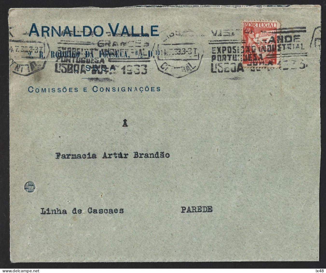 Flâmula 'Visitai Grande Exposição Industrial Portuguesa, Lisboa 1933'. Stamp Lusiadas, Camões. Banner 'Visit Industrial - Storia Postale