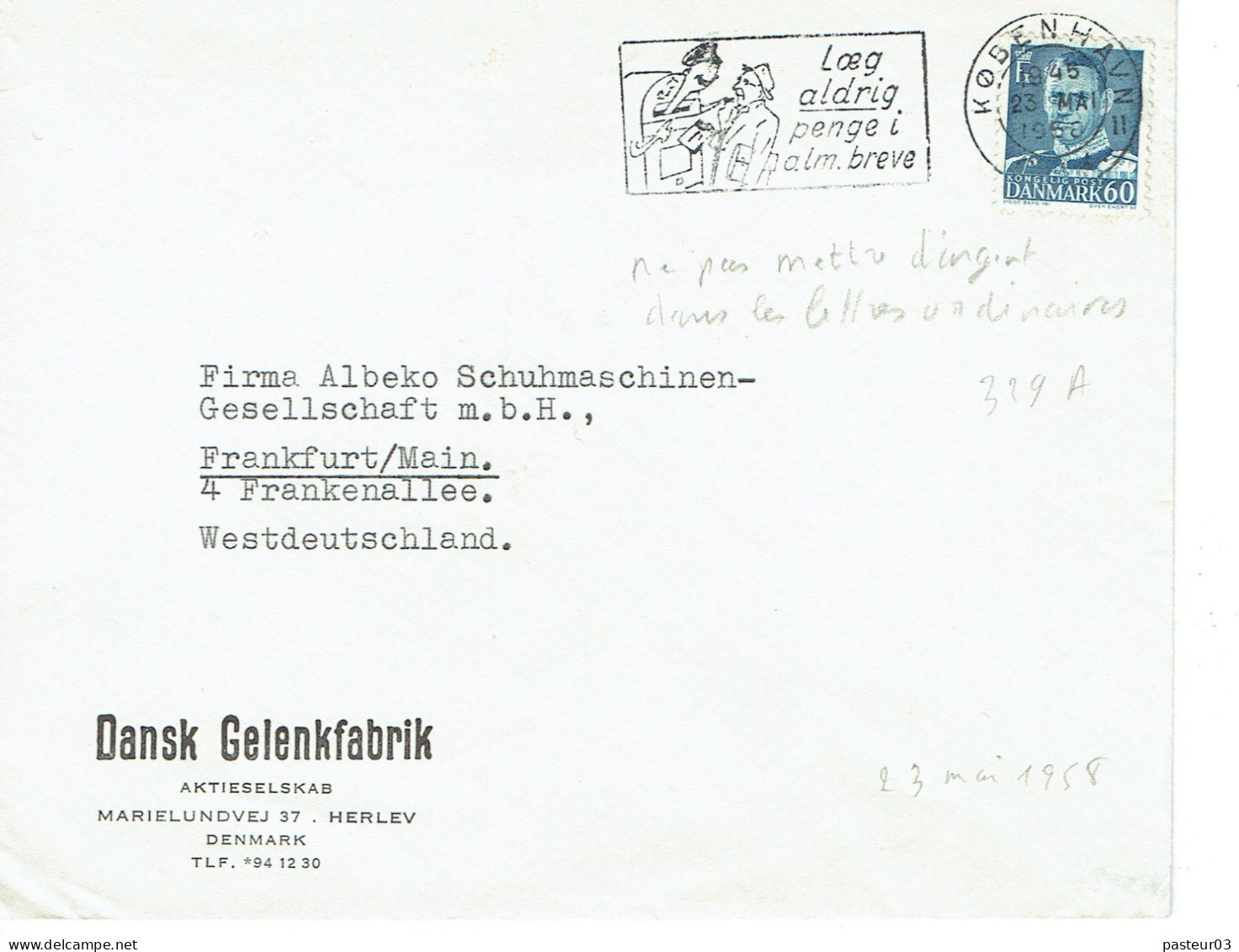 329 A Danemark  Roi Frédérik IX 60 K Bleu Sur Lettre Pour La France Flamme Illustrée Du 23-05-1958 Vignette Polio Au Dos - Lettres & Documents