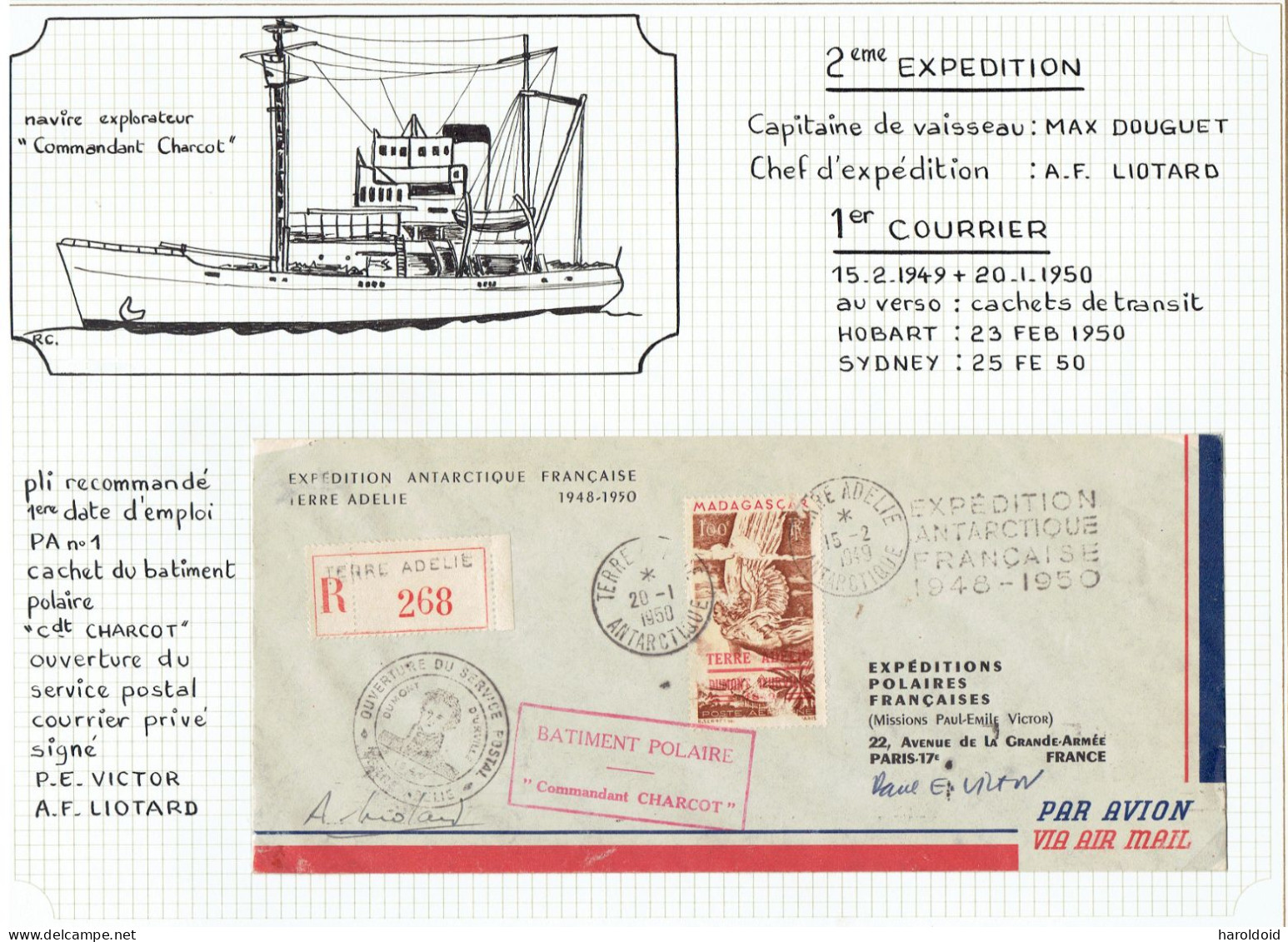 2e Expé Terre Adélie - LR PA N°1 Cachet Bâtiment Commandant Charcot - Courrier Privé Signé PEV Et A.F. Liotard - TTB - ...-1955 Voorfilatelie