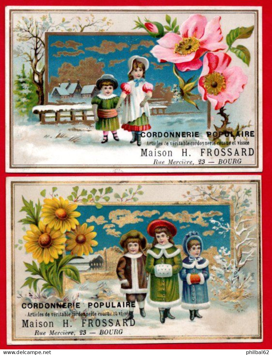 2 Chromos Cordonnerie Populaire à Bourg. Maison Frossard. Paysages D'hiver, Enfants Et Fleurs. - Sonstige & Ohne Zuordnung