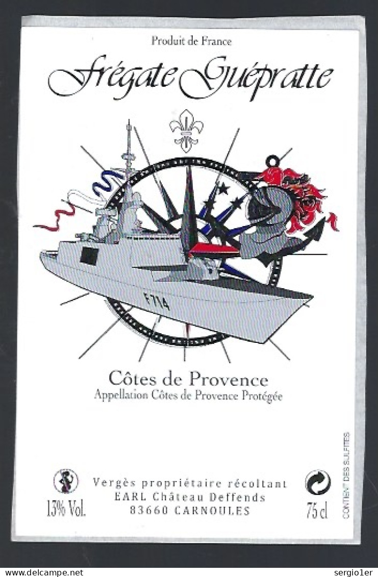 étiquette  Vin Côtes De Provence Frégate Guépratte  Château  Deffends Carnoules 83 - Rosés