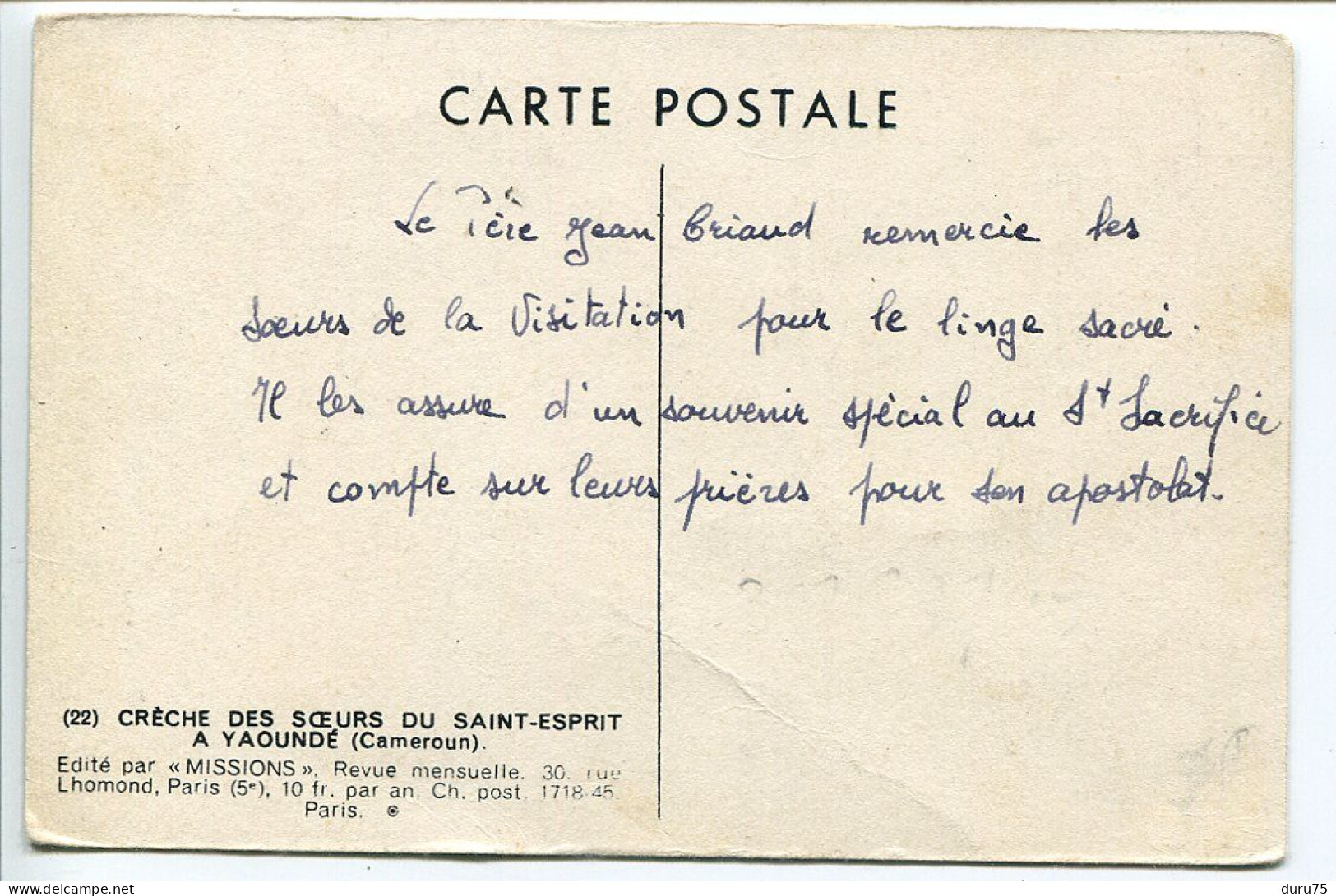 CAMEROUN Ecrite Remerciements Par Le Père Jean Criaud * YAOUNDÉ Crèche Des Soeurs Du Saint Esprit - Cameroun