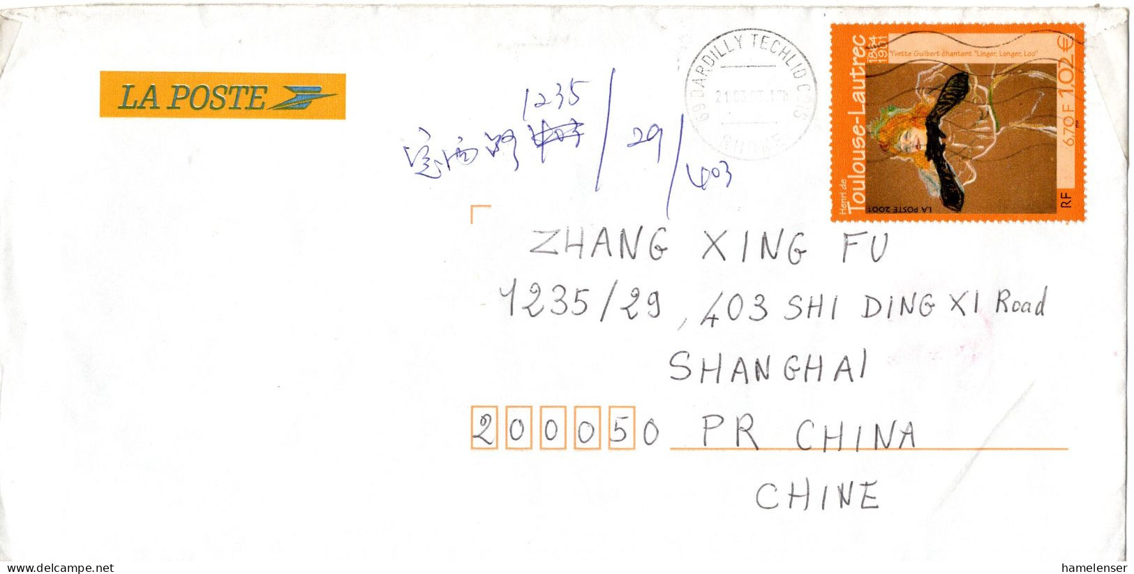 L77289 - Frankreich - 2003 - €1,02/6,70F Toulouse-Lautrec EF A Bf DARDILLY -> SHANGHAI (China) - Storia Postale