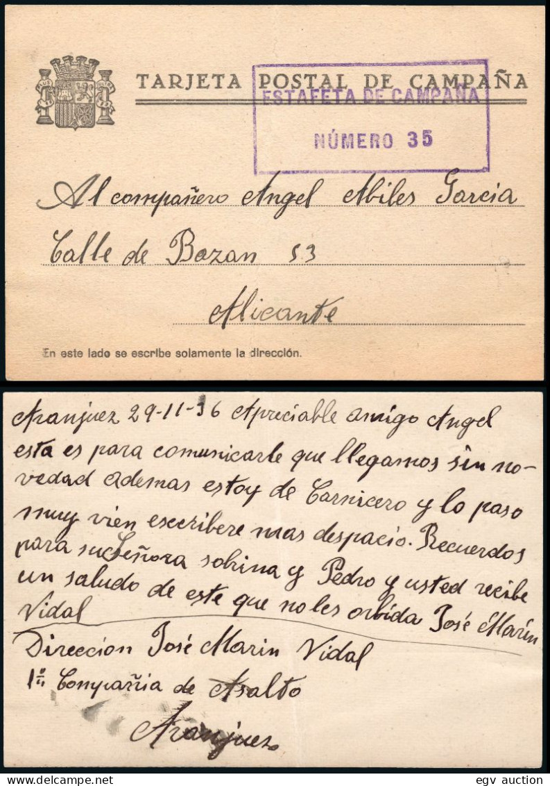 Madrid - Guerra Civil - O TP - Postal Campaña Salida "Aranjuez 29/11/36" + Marca "Estafeta De Campaña - Número 35" - Briefe U. Dokumente