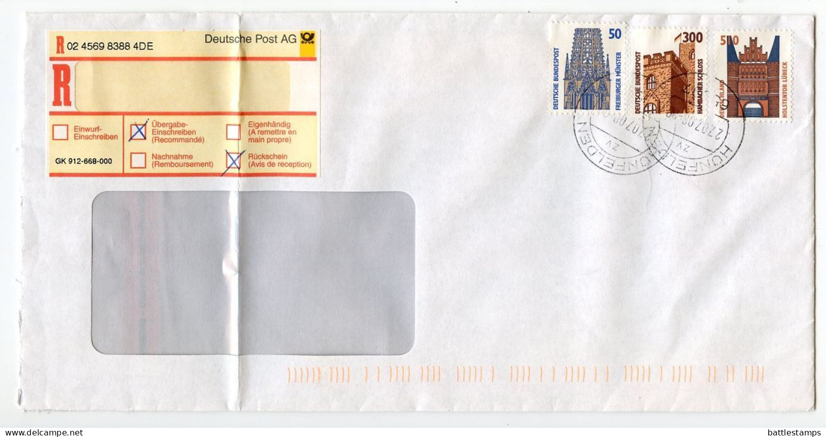 Germany 2000 Registered Cover Hünfelden; 50pf. Frieburger Münster, 300pf. Hambacher Schloss, 510pf. Holstentor Lübeck - Briefe U. Dokumente