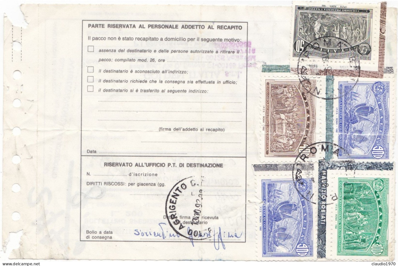 ITALIA  - REPUBBLICA - ROMA  - BOLLENTTINO SPEDIZIONE - VIAGGIATA PER AGRIGENTO - 1992 - 1991-00: Poststempel