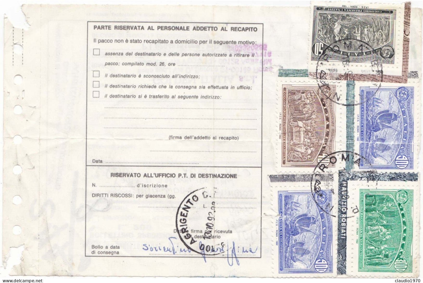 ITALIA  - REPUBBLICA - ROMA  - BOLLENTTINO SPEDIZIONE - VIAGGIATA PER AGRIGENTO - 1992 - 1991-00: Marcophilie