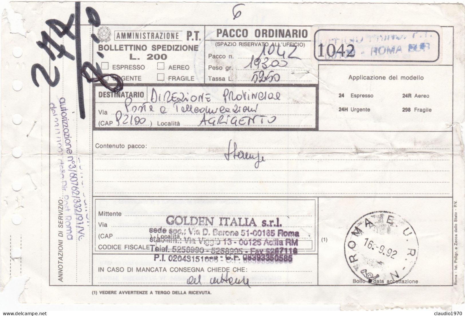 ITALIA  - REPUBBLICA - ROMA  - BOLLENTTINO SPEDIZIONE - VIAGGIATA PER AGRIGENTO - 1992 - 1991-00: Storia Postale