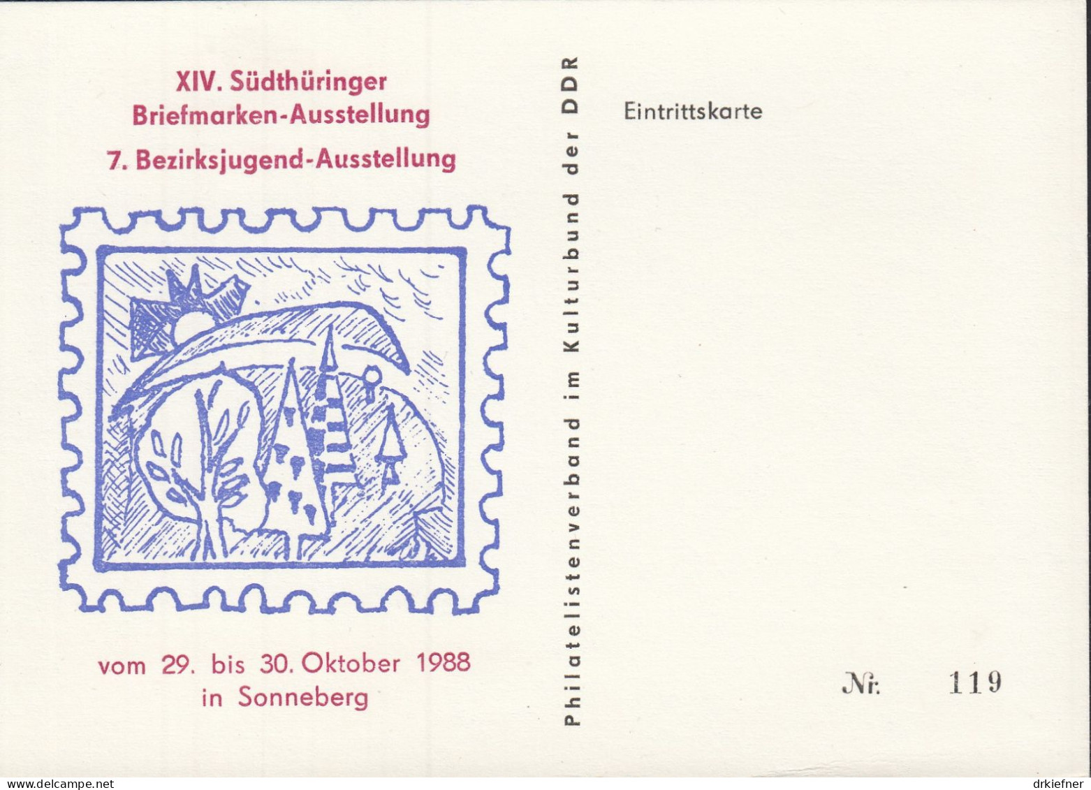 Sonneberg, Eintrittskarte Zur XIV. Südthüringer Briefmarkenausstellung Vom 29.-30. Oktober 1988, Kinderzeichnung - Tickets - Entradas