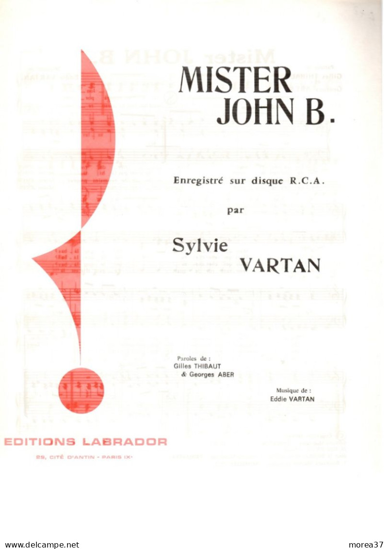 Partition Musicale   "Mister John B  "  De SYLVIE VARTAN    (BR01) - Noten & Partituren