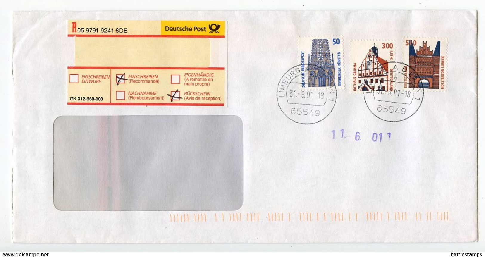 Germany 2001 Registered Cover Limburg; 50pf. Frieburger Münster, 300pf/1.51 Euro Rathaus Grimma, 510pf Holstentor Lübeck - Covers & Documents