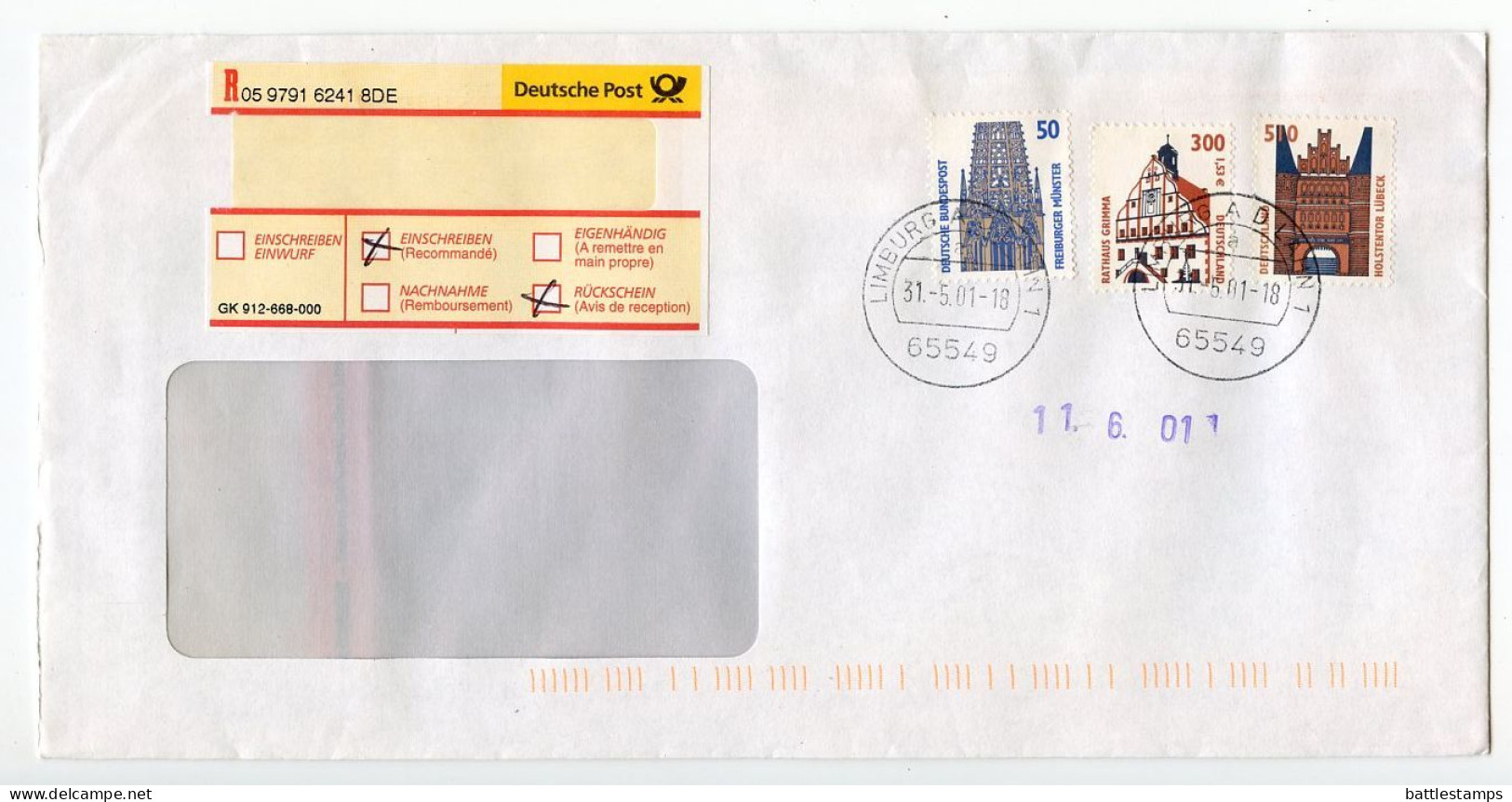 Germany 2001 Registered Cover Limburg; 50pf. Frieburger Münster, 300pf/1.51 Euro Rathaus Grimma, 510pf Holstentor Lübeck - Briefe U. Dokumente