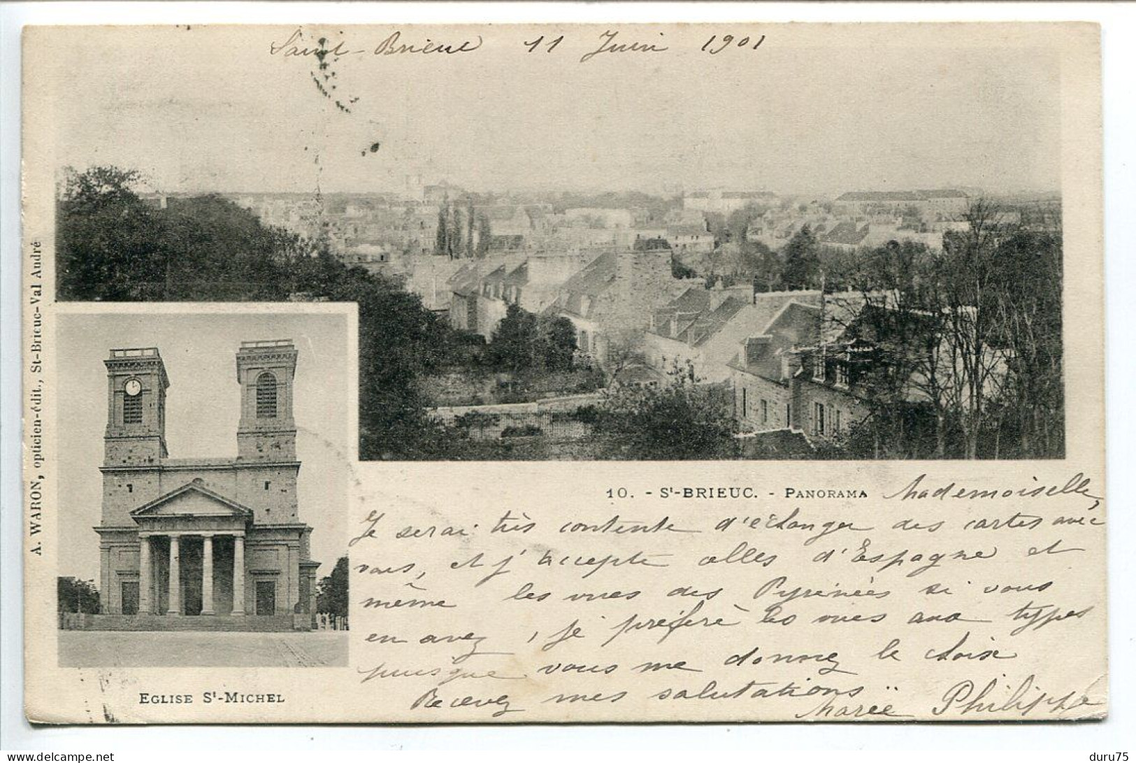 Pionnière Voyagé 1901 * SAINT BRIEUC Deux Vues : Panorama Et Eglise Saint Michel * A. Waron Opticien éditeur - Saint-Brieuc