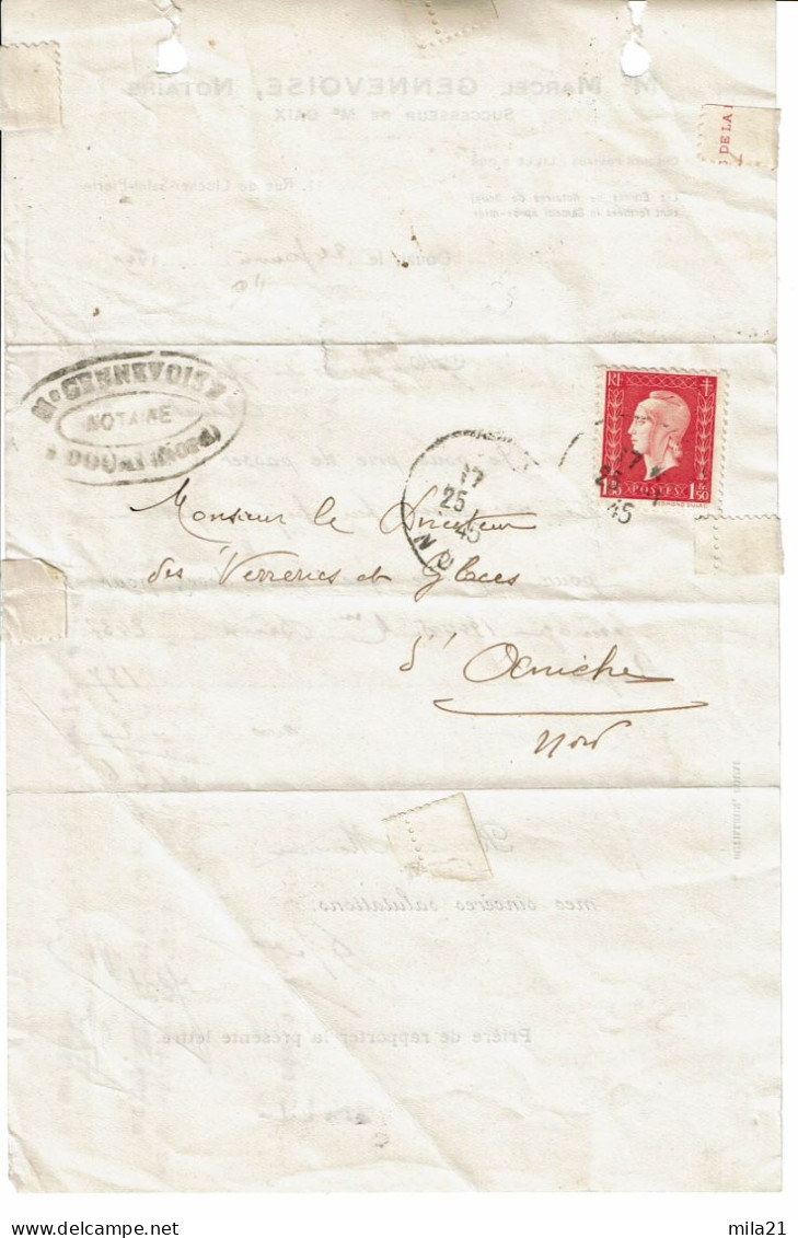 Timbres Françe 691  SEUL  Sur Petite Lettre -facture  De DOUAI A ANICHE - 1944-45 Marianne Van Dulac