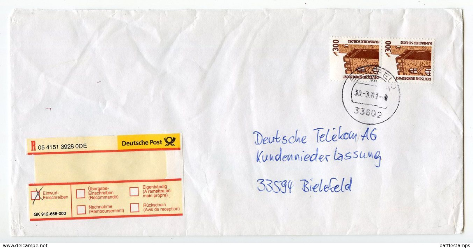Germany 2001 Registered Cover Bielefeld; 300pf. Hambacher Schloss, Pair Of Stamps - Briefe U. Dokumente