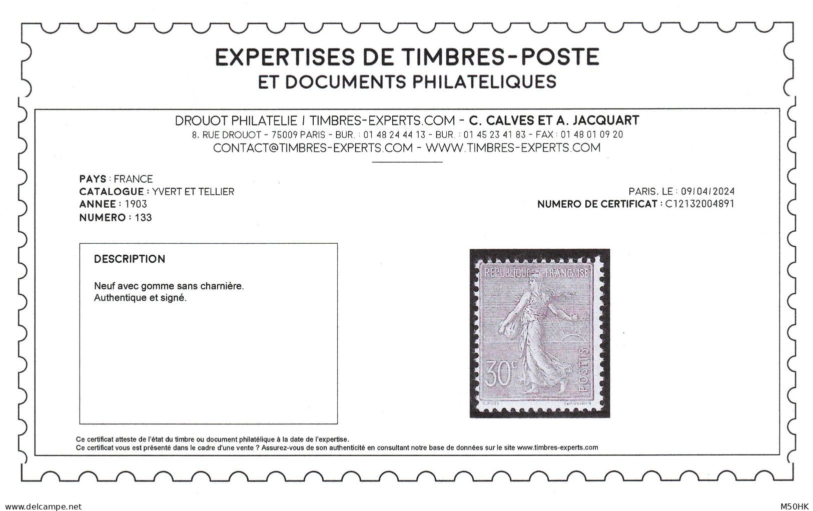 YV 133 N** MNH Luxe , Semeuse , Signé CALVES + Certificat , Cote 550 Euros - Unused Stamps