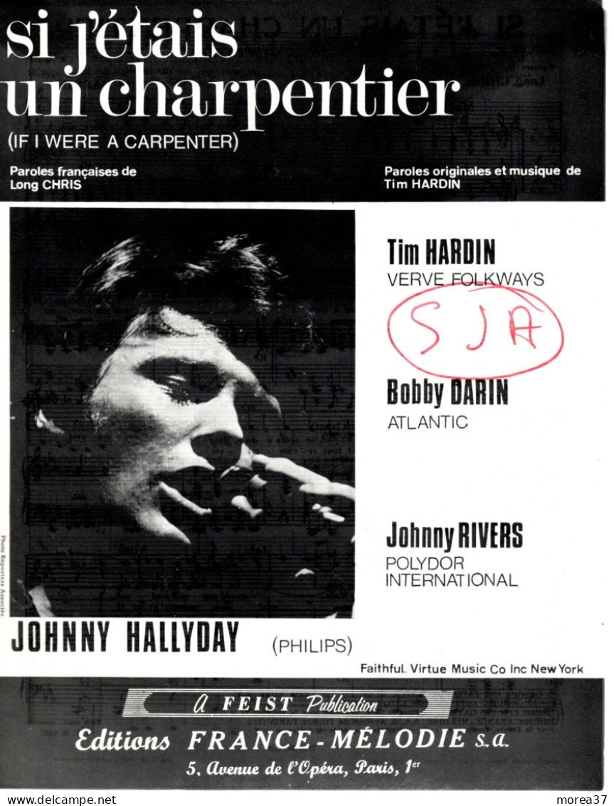 Partition Musicale   "Si J'étais Un Charpentier  "  De JOHNNY HALLYDAY, BOBBY DARIN     (BR01) - Scores & Partitions