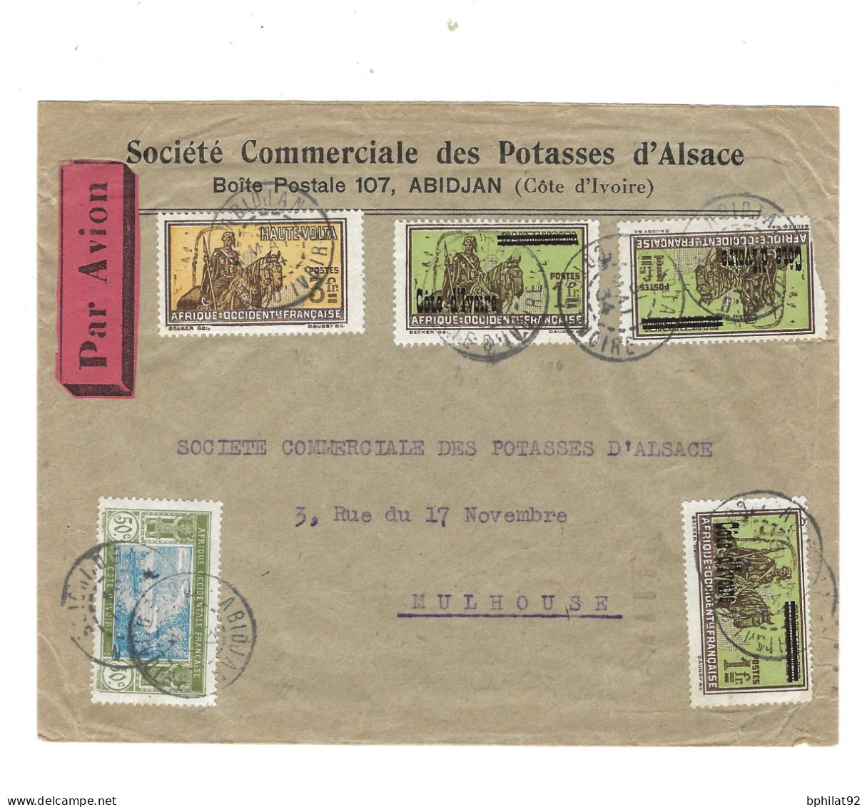 !!! CÔTE D'IVOIRE, PLI COMMERCIAL AÉRIEN AU DÉPART D'ABIDJAN VERS MULHOUSE 1934 - Storia Postale