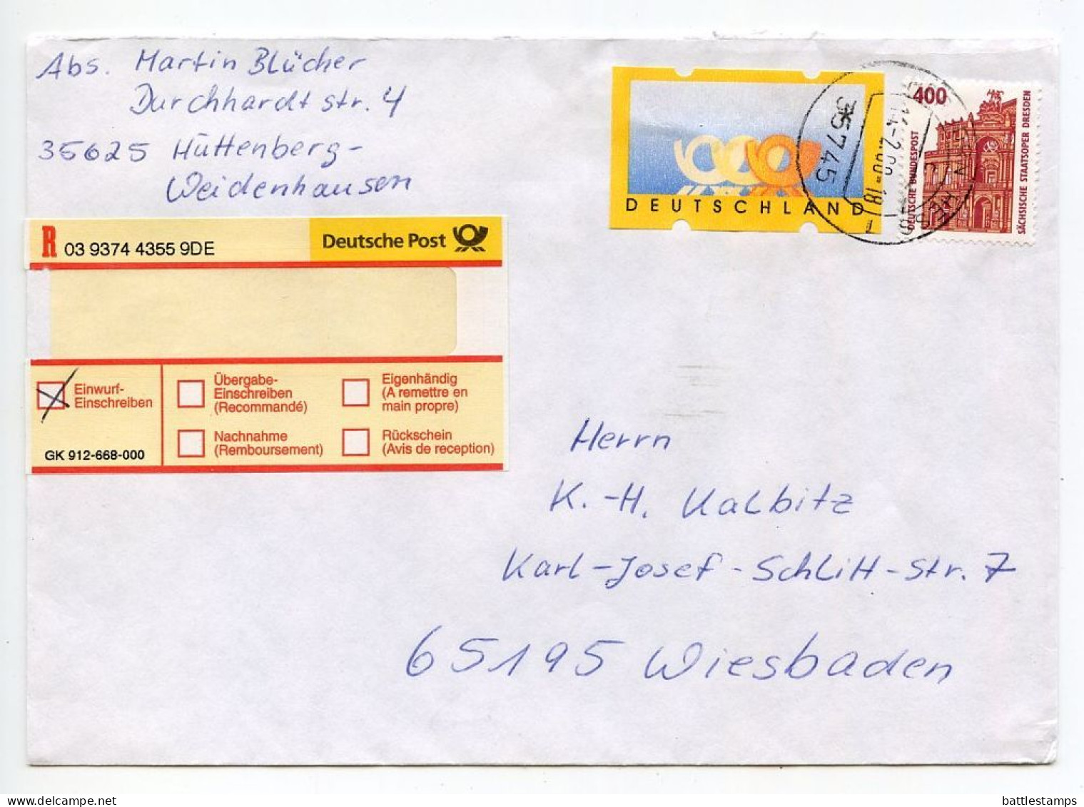 Germany 2000 Registered Cover Herborn To Wiesbaden; 400pf. Sachsische Staatsoper Dresden & Null Value ATM / Frama - Brieven En Documenten